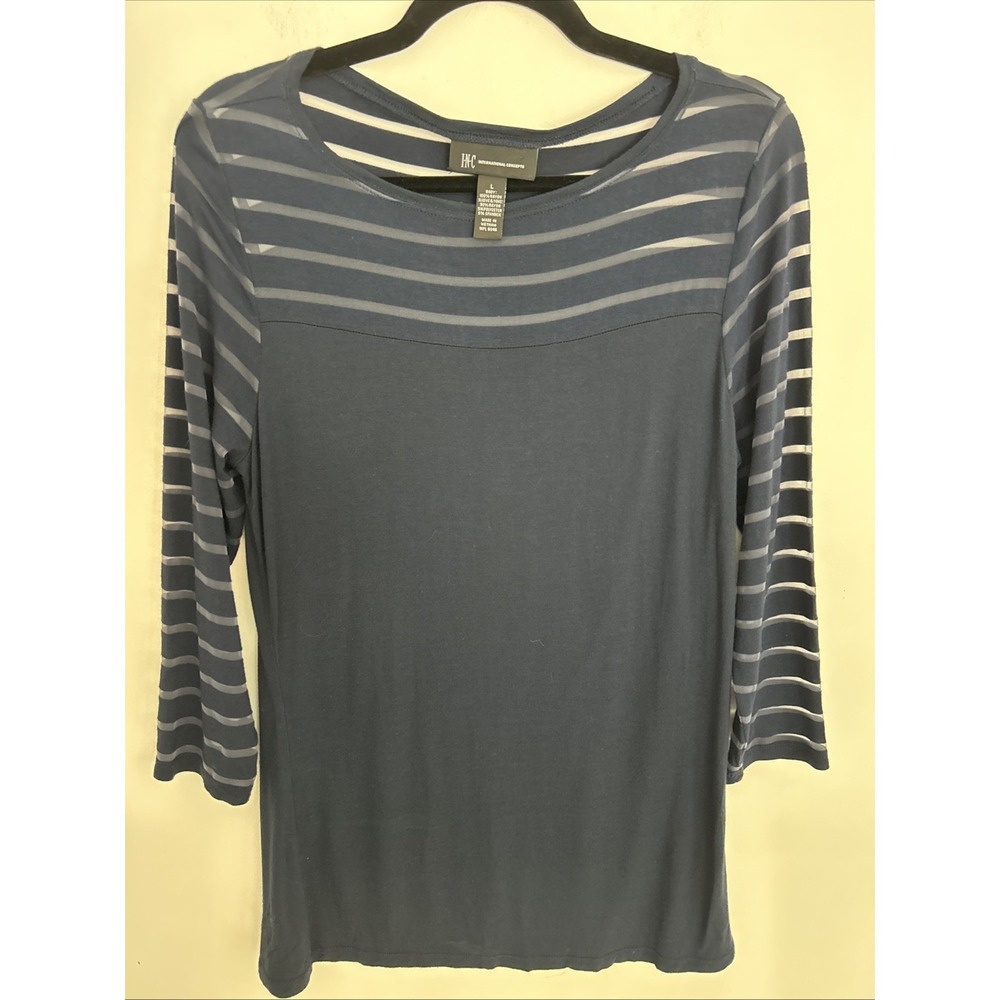 Inc International Concepts Women's L Sheer 3/4 Sleeve Stripe Navy Lightweight